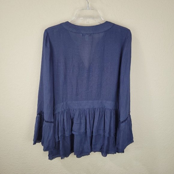 William Rast‎ Women S Fiona Blue Bohemian Beaded Embroidered Bell Sleeve Top - Picture 9 of 13